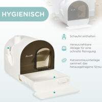 Weisse Katzentoilette mit Haube und integrierter Matte, für Katzen bis 5kg, sorgt für Sauberkeit und Komfort.