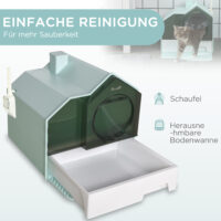 Hellblaue Haubentoilette für Katzen bis 5kg, Masse 47x45x42cm, bietet Privatsphäre und Hygiene.