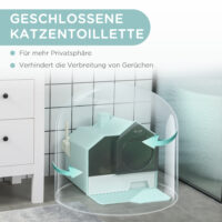 Hellblaue Haubentoilette für Katzen bis 5kg, Masse 47x45x42cm, bietet Privatsphäre und Hygiene.