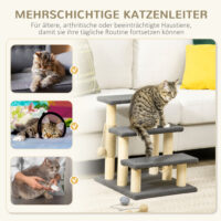 Graue 3-Stufen-Katzentreppe aus Teddystoff, ideal für kleine Katzen, um höher gelegene Orte zu erreichen.