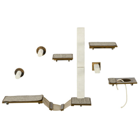 Braunes 8-teiliges Katzentreppen-Kletterwand-Set aus Sisal, als Katzenmöbel konzipiert, bietet einen anspruchsvollen Kletterparcours.