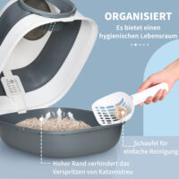 Weiss-graues Katzenzubehör, geruchshemmend, hygienisch und kompakt, für eine saubere Umgebung.