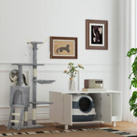 Weiss-graues Katzenzubehör, geruchshemmend, hygienisch und kompakt, für eine saubere Umgebung.