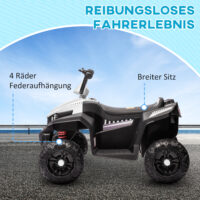 Weisses 12V Kinder-Quad mit 4-Rad-Federung und MP3-Funktion, ideal für 3-5 Jahre. Bietet Fahrkomfort und Unterhaltung auf jedem Terrain.