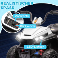 Weisses 12V Kinder-Quad mit 4-Rad-Federung und MP3-Funktion, ideal für 3-5 Jahre. Bietet Fahrkomfort und Unterhaltung auf jedem Terrain.