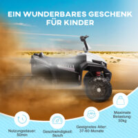 Weisses 12V Kinder-Quad mit 4-Rad-Federung und MP3-Funktion, ideal für 3-5 Jahre. Bietet Fahrkomfort und Unterhaltung auf jedem Terrain.