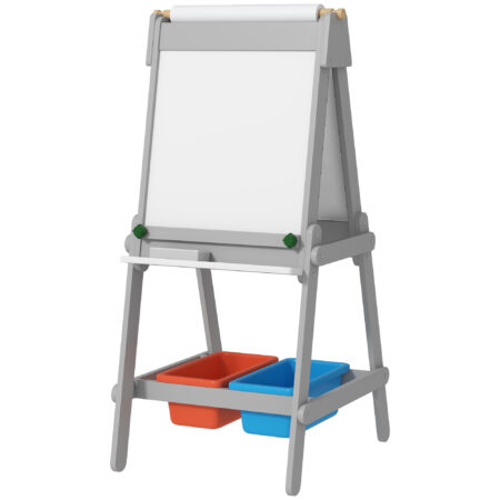 Graue 3-in-1 Kinder-Wandtafel mit Whiteboard und Ablage, ideal für Kinder von 3-8 Jahren. Fördert Kreativität und Ordnung.