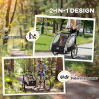 Grauer 2-in-1 klappbarer Kinderanhänger für zwei Kinder, belastbar bis 264kg. Ideal für Familienausflüge und einfach zu transportieren.
