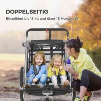 Grauer 2-in-1 klappbarer Kinderanhänger für zwei Kinder, belastbar bis 264kg. Ideal für Familienausflüge und einfach zu transportieren.