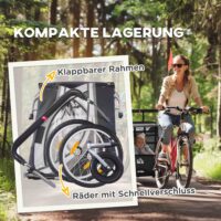 Grauer 2-in-1 klappbarer Kinderanhänger für zwei Kinder, belastbar bis 264kg. Ideal für Familienausflüge und einfach zu transportieren.