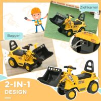 Gelber Kinderbagger als Rutschauto mit funktionsfähiger Hupe und praktischem Ablagefach unter dem Sitz. Das Fahrzeug fördert die Motorik und bietet stundenlangen Spielspass für kleine Baumeister.