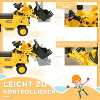 Gelber Kinderbagger als Rutschauto mit funktionsfähiger Hupe und praktischem Ablagefach unter dem Sitz. Das Fahrzeug fördert die Motorik und bietet stundenlangen Spielspass für kleine Baumeister.