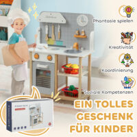 Graue Kinderküche mit Herd, Backofen und Wasserhahn, perfekt für Kinder von 3-6 Jahren. Sie fördert kreatives Rollenspiel und die Entwicklung feinmotorischer Fähigkeiten.