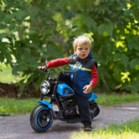 Blaues Elektromotorrad für Kinder von 1.5-3 Jahren, mit Stützrädern und einer Geschwindigkeit von 1.5-3 km/h.