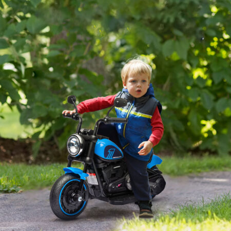 Blaues Elektromotorrad für Kinder von 1.5-3 Jahren, mit Stützrädern und einer Geschwindigkeit von 1.5-3 km/h.