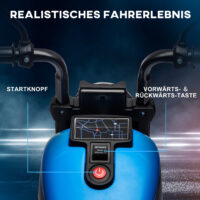 Blaues Elektromotorrad für Kinder von 1.5-3 Jahren, mit Stützrädern und einer Geschwindigkeit von 1.5-3 km/h.