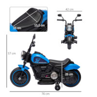 Blaues Elektromotorrad für Kinder von 1.5-3 Jahren, mit Stützrädern und einer Geschwindigkeit von 1.5-3 km/h.