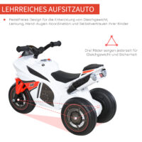 Weisses Kindermotorrad als Rutscherfahrzeug mit Musikfunktion, speziell für Kleinkinder. Es fördert Gleichgewicht und Koordination beim Spielen.