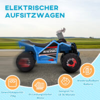 Blaues 6V Elektro-Quad für Kinder von 1.5-3 Jahren, erreicht eine Geschwindigkeit von 2.5 km/h.