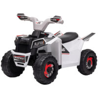Weisses 6V Elektro-Quad für Kinder von 1.5-3 Jahren, erreicht eine Geschwindigkeit von 2.5 km/h.
