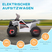 Weisses 6V Elektro-Quad für Kinder von 1.5-3 Jahren, erreicht eine Geschwindigkeit von 2.5 km/h.