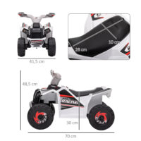 Weisses 6V Elektro-Quad für Kinder von 1.5-3 Jahren, erreicht eine Geschwindigkeit von 2.5 km/h.