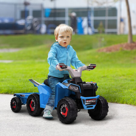 Blaues 6V Elektro-Quad für Kinder von 1.5-3 Jahren, inklusive abnehmbarem Anhänger für kleine Transporte.