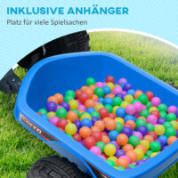 Blaues 6V Elektro-Quad für Kinder von 1.5-3 Jahren, inklusive abnehmbarem Anhänger für kleine Transporte.