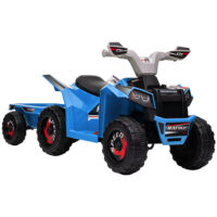 Blaues 6V Elektro-Quad für Kinder von 1.5-3 Jahren, inklusive abnehmbarem Anhänger für kleine Transporte.