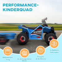 Blaues 6V Elektro-Quad für Kinder von 1.5-3 Jahren, inklusive abnehmbarem Anhänger für kleine Transporte.