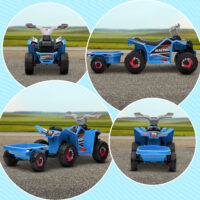 Blaues 6V Elektro-Quad für Kinder von 1.5-3 Jahren, inklusive abnehmbarem Anhänger für kleine Transporte.
