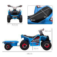 Blaues 6V Elektro-Quad für Kinder von 1.5-3 Jahren, inklusive abnehmbarem Anhänger für kleine Transporte.
