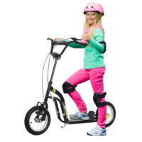 Schwarzer 12 Zoll Kinderroller, höhenverstellbar für wachsende Kinder, perfekt für den Übergang zum Fahrrad.