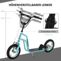 Blauer Kinderroller mit 12 Zoll Luftreifen, ideal für eine sanfte und komfortable Fahrt.