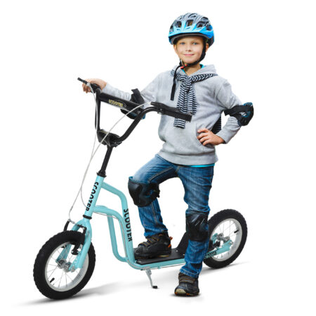Blauer Kinderroller mit 12 Zoll Luftreifen, ideal für eine sanfte und komfortable Fahrt.