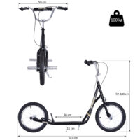 Schwarzer Kinderroller mit 16 Zoll Luftreifen, ideal für ältere Kinder und längere Fahrten.