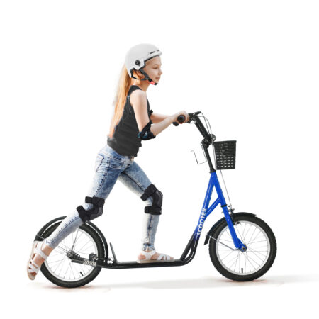 Blauer Kinderroller mit Bremse, höhenverstellbar für Sicherheit und Komfort.