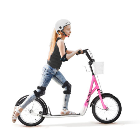 Rosa Kinderroller mit Bremse, höhenverstellbar für kleine Fahrerinnen.