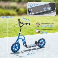 Kinderroller höhenverstellbar mit grossen Rädern und Handbremse blau