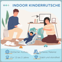 Grün-weisse klappbare Kinderrutsche, die als Spielturm dient und sicher sowohl drinnen als auch draussen verwendet werden kann. Sie bietet Rutschvergnügen und fördert die Bewegung.