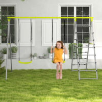 Grünes 2-in-1 Kinderschaukel-Set aus stabilem Stahl mit integriertem Kletternetz. Es fördert Bewegung und Abenteuer im Garten.