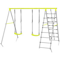 Grünes 2-in-1 Kinderschaukel-Set aus stabilem Stahl mit integriertem Kletternetz. Es fördert Bewegung und Abenteuer im Garten.