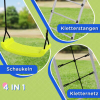 Grünes 2-in-1 Kinderschaukel-Set aus stabilem Stahl mit integriertem Kletternetz. Es fördert Bewegung und Abenteuer im Garten.