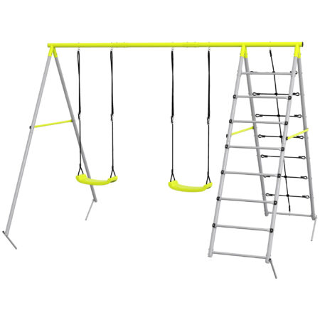Grünes 2-in-1 Kinderschaukel-Set aus stabilem Stahl mit integriertem Kletternetz. Es fördert Bewegung und Abenteuer im Garten.