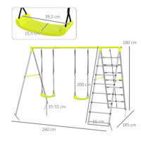 Grünes 2-in-1 Kinderschaukel-Set aus stabilem Stahl mit integriertem Kletternetz. Es fördert Bewegung und Abenteuer im Garten.