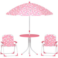Kindersitzgruppe mit Tisch 2 Klappstühlen und Sonnenschirm rosa