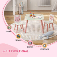 Kindersitzgruppe mit Tisch und 2 Stühlen Tiermotiv Holz rosa