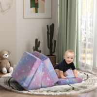 Rosa 5-teiliges Kindersofa in Samtoptik mit Liegefunktion, wandelbar für Spiel und Komfort.