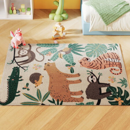 Kinderteppich Dschungel pflegeleicht für Spielzimmer cremeweiss bunt