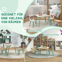 Grünes Kindertisch Set mit 2 passenden Stühlen und niedlichem Tiermotiv, ideal für Kinder von 3 bis 8 Jahren zum Spielen und Lernen.